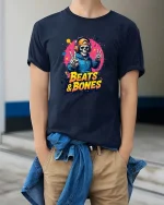 Beats And Bones Skeleton DJ Graphic T Shirt - model wearing navy tee with hands in pockets