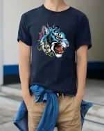 Savage Blue Tiger Punk Graphic T Shirt Street Style - model wearing navy tee with hands in pockets