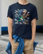 Rocking Skeleton Guitarist Graphic T Shirt - model wearing navy tee with hands in pockets