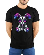Gothic Galaxy Bunny Plush Graphic T Shirt - model wearing black tee with hands behind back