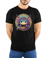 Colorburst Axolotl Art Tee - model wearing black tee with hands behind back
