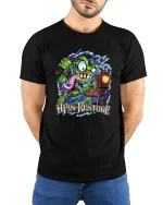 Crazy Tech Gremlin Graphic T Shirt - model wearing black tee with hands behind back