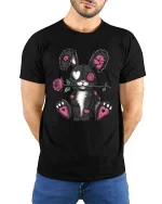 Gothic Stitch Bunny Graphic T Shirt - model wearing black tee with hands behind back