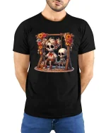 Sweet Skeleton Swing Graphic T Shirt - model wearing black tee with hands behind back