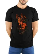Fiery Griffin Guardian Graphic T Shirt - model wearing black tee with hands behind back