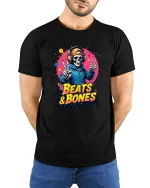 Beats And Bones Skeleton DJ Graphic T Shirt - model wearing black tee with hands behind back
