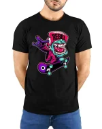 Rebel Skate Monster Graphic T Shirt Street Style - model wearing black tee with hands behind back