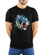 Savage Blue Tiger Punk Graphic T Shirt Street Style - model wearing black tee with hands behind back