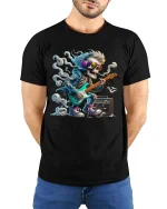 Rocking Skeleton Guitarist Graphic T Shirt - model wearing black tee with hands behind back