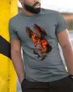 Fiery Griffin Guardian Graphic T Shirt - model wearing grey tee, leaning on column