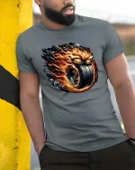 Blazing Fury Tire Demon Graphic T Shirt - model wearing grey tee, leaning on column