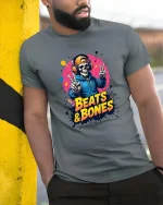 Beats And Bones Skeleton DJ Graphic T Shirt - model wearing grey tee, leaning on column