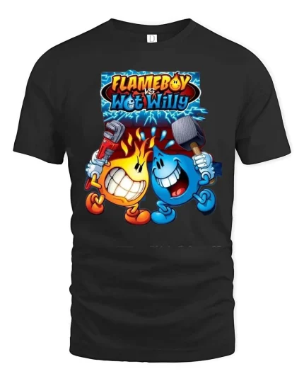 Flameboy Vs Wet Willy Funny Element Battle Cartoon T Shirt - black t-shirt on white background