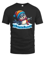 Kawaii Arctic Seal Cartoon Graphic Tee Shirt - black t-shirt on white background