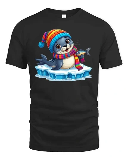 Kawaii Arctic Seal Cartoon Graphic Tee Shirt - black t-shirt on white background