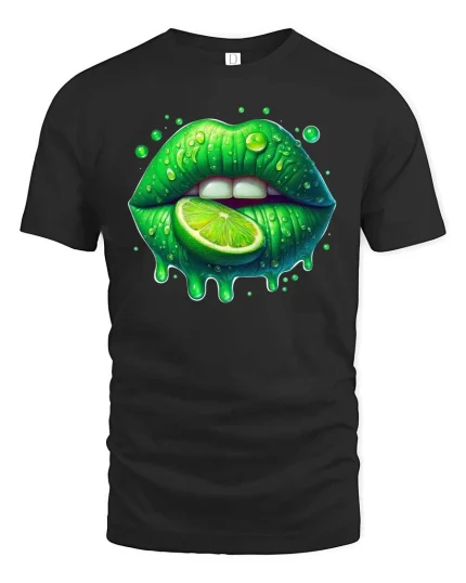 Lime Lips Dripping Graphic T Shirt - black t-shirt on white background