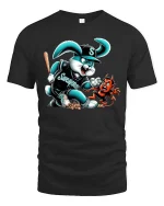 Savage Bunny Baseball Cartoon Funny Mascot Graphic T Shirt - black t-shirt on white background