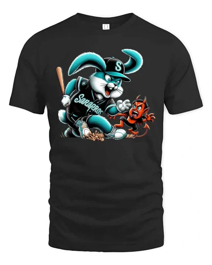 Savage Bunny Baseball Cartoon Funny Mascot Graphic T Shirt - black t-shirt on white background