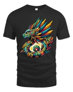 Vibrant Aztec Quetzal Serpent Tribal Mythology Graphic Tee - black t-shirt on white background