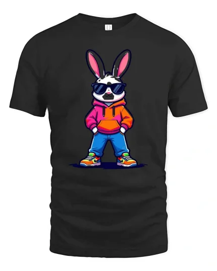 Cool Streetwear Bunny With Sunglasses Cartoon Graphic T Shirt - black t-shirt on white background