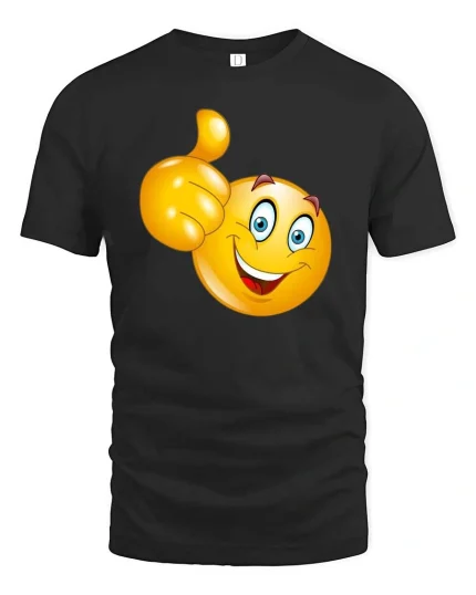 Funny Thumbs Up Smiley Face Cartoon Graphic T Shirt - black t-shirt on white background