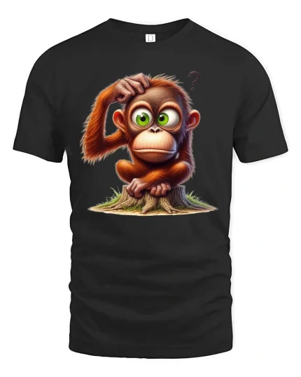 Curious Monkey Sitting on Stump Cartoon Graphic T Shirt - black t-shirt on white background