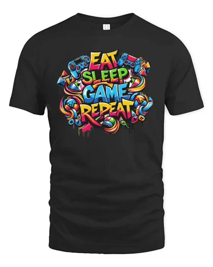 Eat Sleep Game Repeat Gamer Graphic T Shirt Funny Gaming Tee - black t-shirt on white background