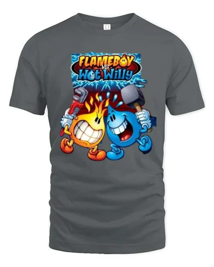 Flameboy Vs Wet Willy Funny Element Battle Cartoon T Shirt - gray t-shirt on white background