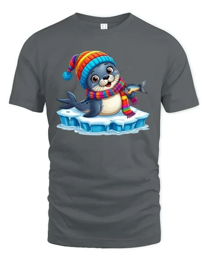 Kawaii Arctic Seal Cartoon Graphic Tee Shirt - gray t-shirt on white background
