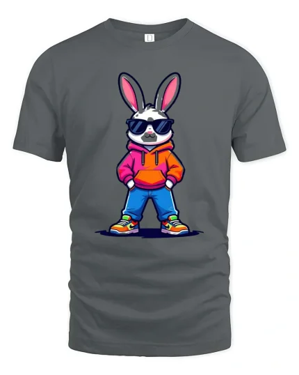 Cool Streetwear Bunny With Sunglasses Cartoon Graphic T Shirt - gray t-shirt on white background