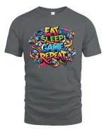 Eat Sleep Game Repeat Gamer Graphic T Shirt Funny Gaming Tee - gray t-shirt on white background