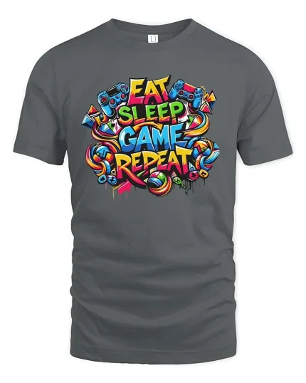 Eat Sleep Game Repeat Gamer Graphic T Shirt Funny Gaming Tee - gray t-shirt on white background