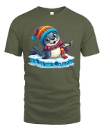 Kawaii Arctic Seal Cartoon Graphic Tee Shirt - military green t-shirt on white background