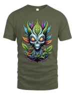Botanical Alien Skull Graphic T-Shirt - military green t-shirt on white background