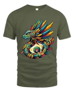 Vibrant Aztec Quetzal Serpent Tribal Mythology Graphic Tee - military green t-shirt on white background