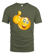 Funny Thumbs Up Smiley Face Cartoon Graphic T Shirt - military green t-shirt on white background