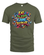 Eat Sleep Game Repeat Gamer Graphic T Shirt Funny Gaming Tee - military green t-shirt on white background