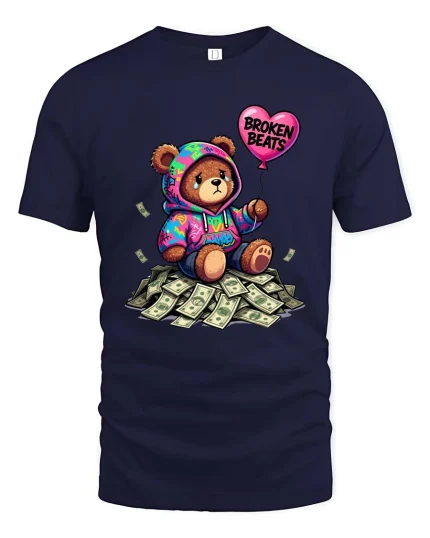 Broken Beats Teddy Bear Graphic T Shirt - navy t-shirt on white background