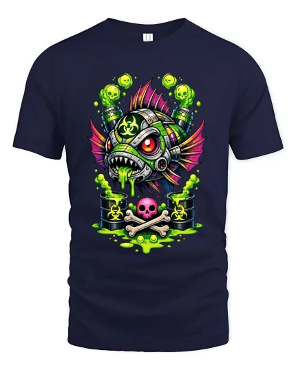 Toxic Mutant Fish Graphic T-Shirt - navy t-shirt on white background
