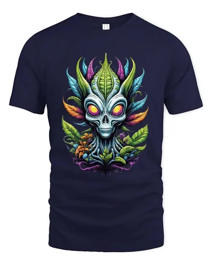 Botanical Alien Skull Graphic T-Shirt - navy t-shirt on white background