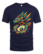 Vibrant Aztec Quetzal Serpent Tribal Mythology Graphic Tee - navy t-shirt on white background