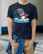 Kawaii Arctic Seal Cartoon Graphic Tee Shirt - model wearing navy tee with hands in pockets