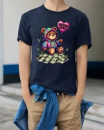 Broken Beats Teddy Bear Graphic T Shirt - model wearing navy tee with hands in pockets