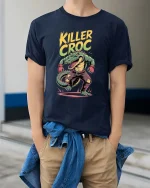 Killer Croc Fighter Graphic T-Shirt - model wearing navy tee with hands in pockets