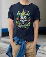Botanical Alien Skull Graphic T-Shirt - model wearing navy tee with hands in pockets