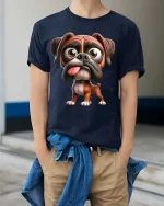 Funny Boxer Dog Tongue Out Cartoon Puppy Graphic T Shirt - model wearing navy tee with hands in pockets