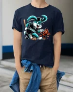 Savage Bunny Baseball Cartoon Funny Mascot Graphic T Shirt - model wearing navy tee with hands in pockets