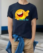 Funny Laughing Emoji Ha Ha Ha Cartoon Humor Graphic T Shirt - model wearing navy tee with hands in pockets