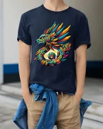 Vibrant Aztec Quetzal Serpent Tribal Mythology Graphic Tee - model wearing navy tee with hands in pockets
