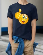 Funny Thumbs Up Smiley Face Cartoon Graphic T Shirt - model wearing navy tee with hands in pockets